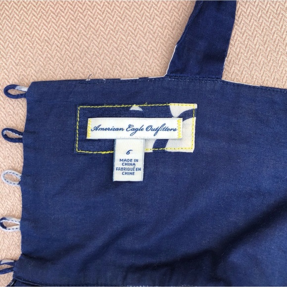 American Eagle Cotton Blue Ivory Flowy Skirt Pockets Floral Straps Lined Dress 6 - Picture 12 of 13